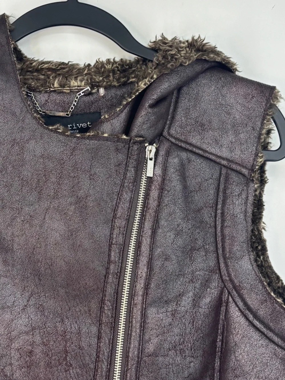 Black Rivet Womens XL Zip Front Hooded Moto Vest Brown Faux Leather Fur Trim